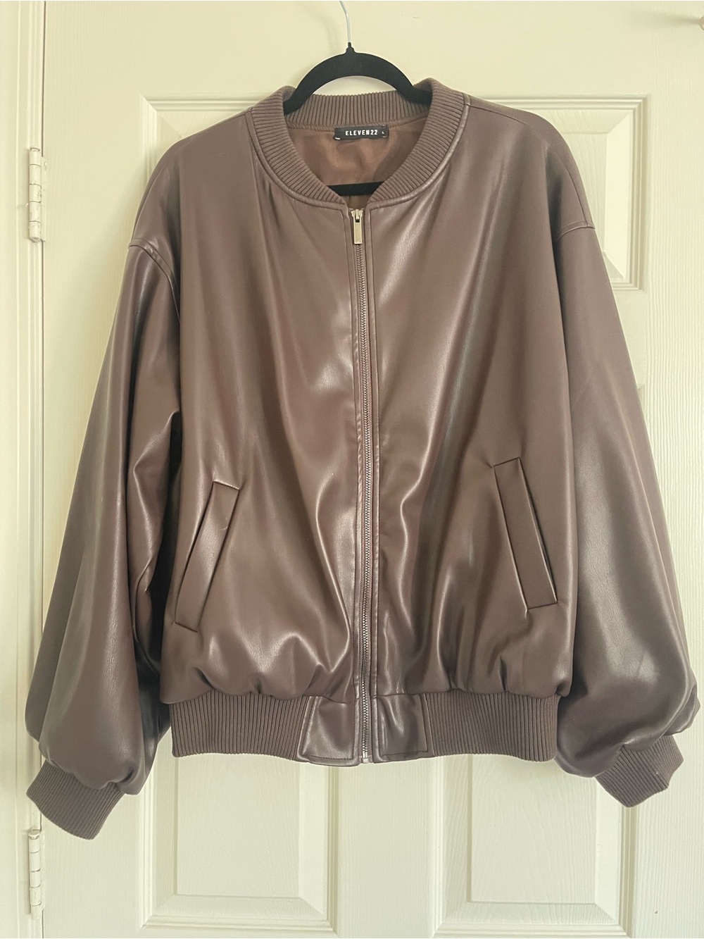 Eleven22 Oversized Faux Leather Bomber Jacket Taupe Brown L